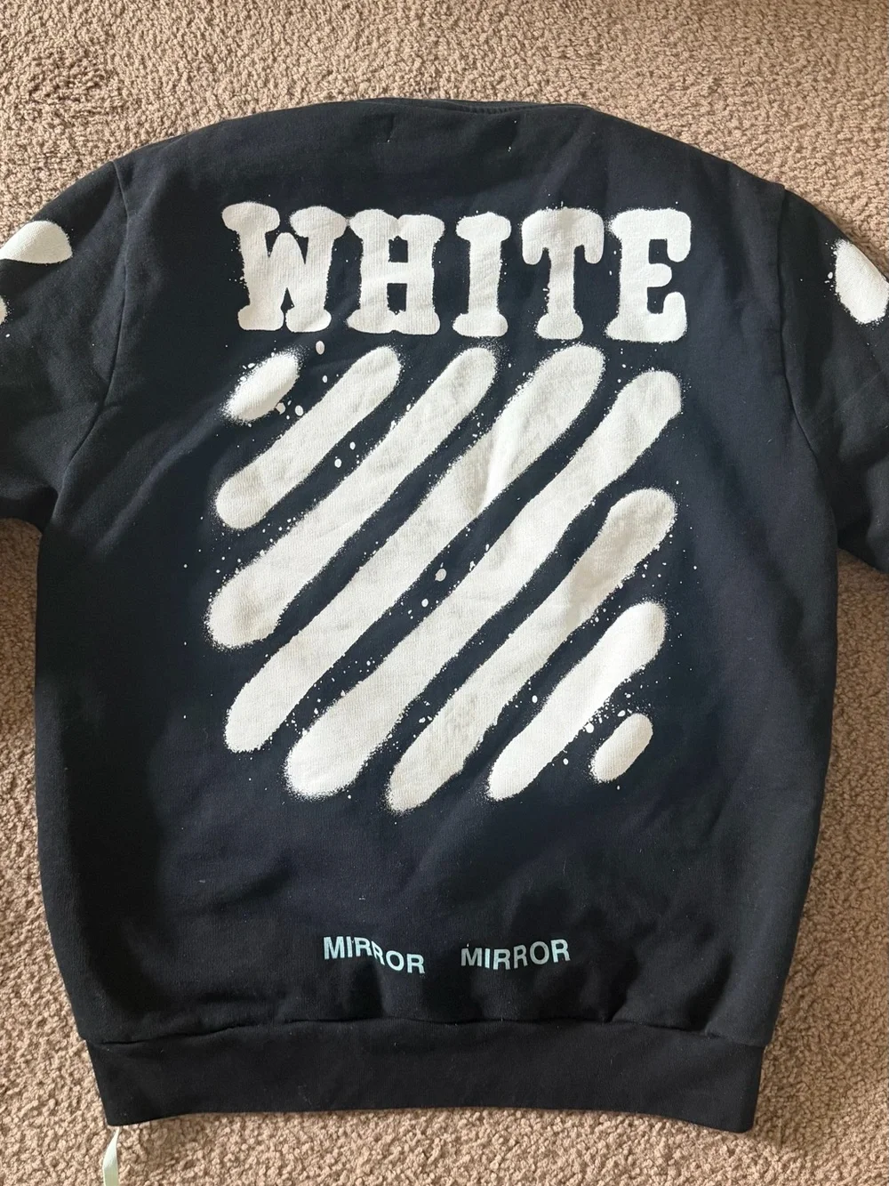 Off-White Black Crewneck Sweatshirt with White Sleeve Graphics and Yellow Patch